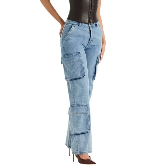 HOUSE OF CB Ria Cargo Jeans Washed Utility Pocket Blue Pant Size Medium M - Picture 3 of 13